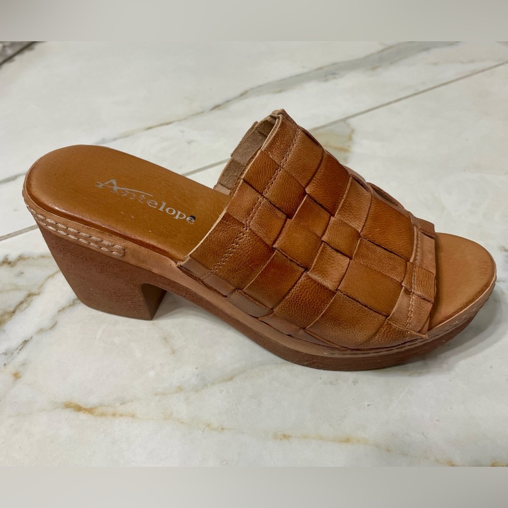 Antelope Tamia Leather Woven Heeled Sandals Platform Slide Tan Sz US7.5-8M EU38